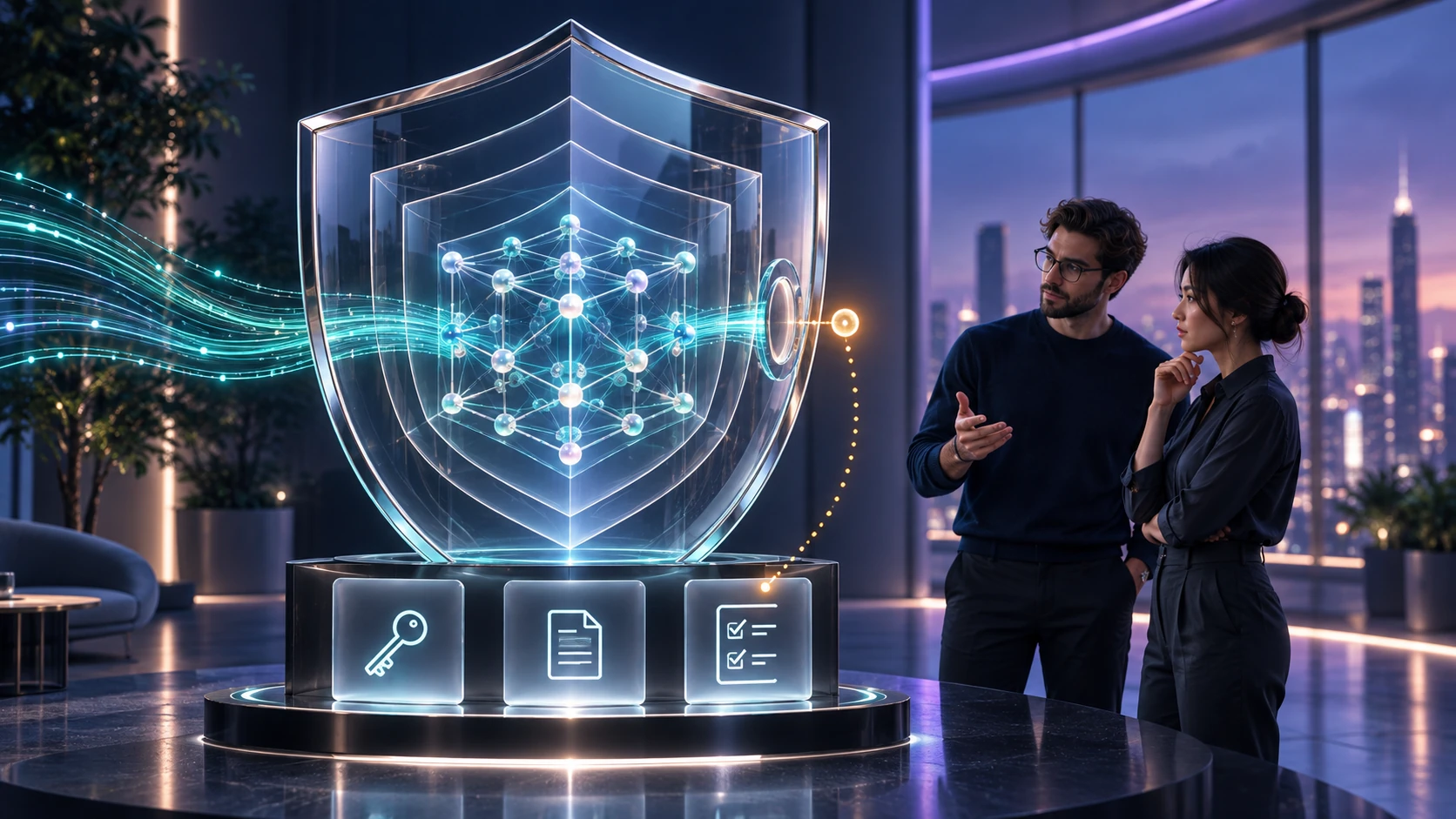 Two professionals review an AI system protected by transparent security layers, policy controls and an audit trail.