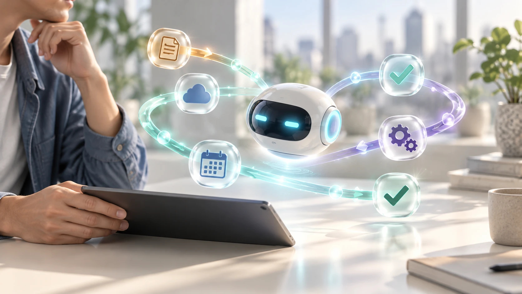 An AI assistant coordinates cloud services, schedules and completed tasks while a professional oversees the workflow.