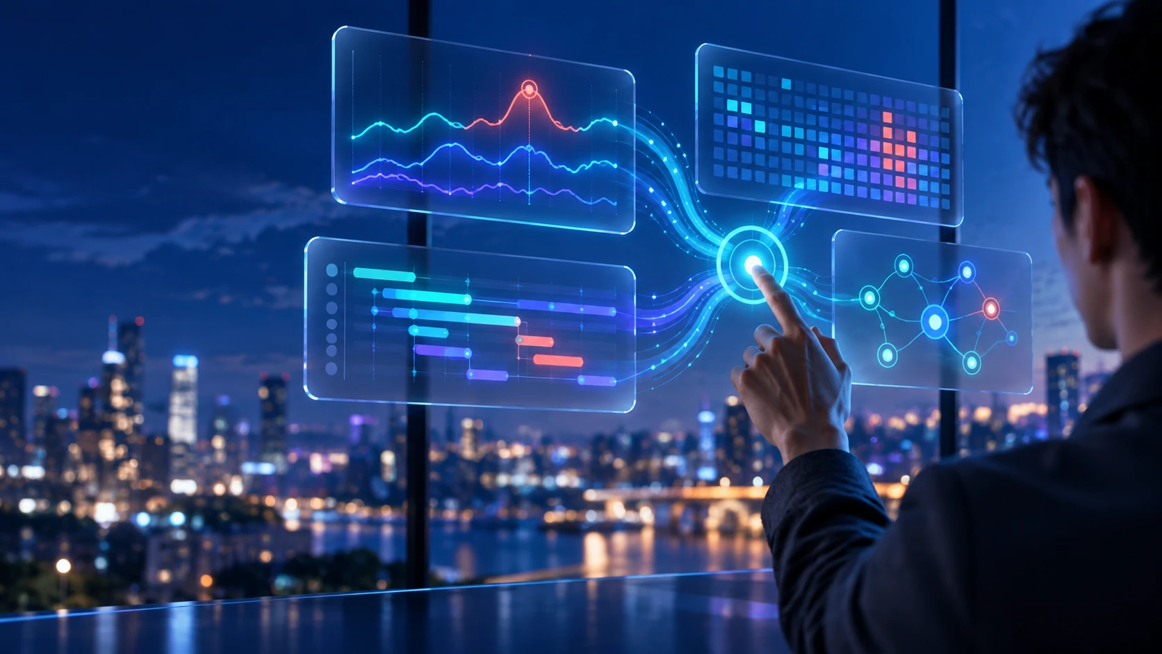 A professional explores connected metrics, traces and service relationships in a luminous observability interface.